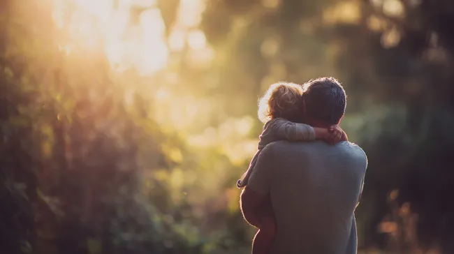 Vater umarmt liebevoll sein Kind in der Natur