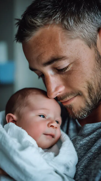 Vater umarmt liebevoll sein neugeborenes Baby