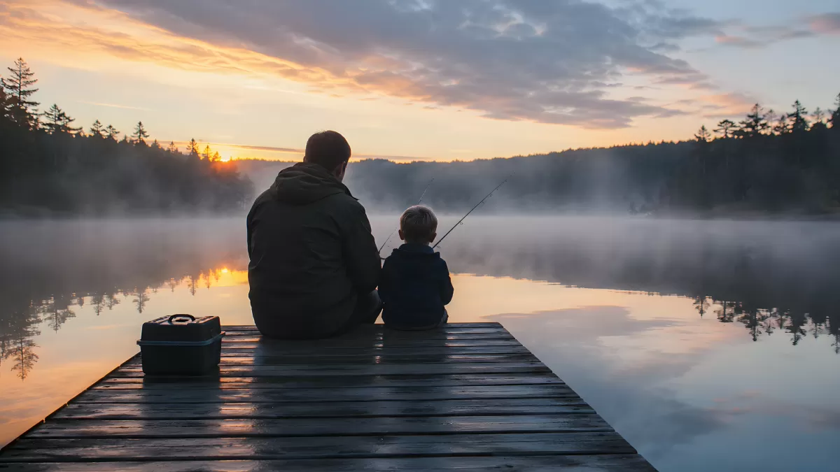 Vater und Kind angeln gemeinsam im Morgennebel