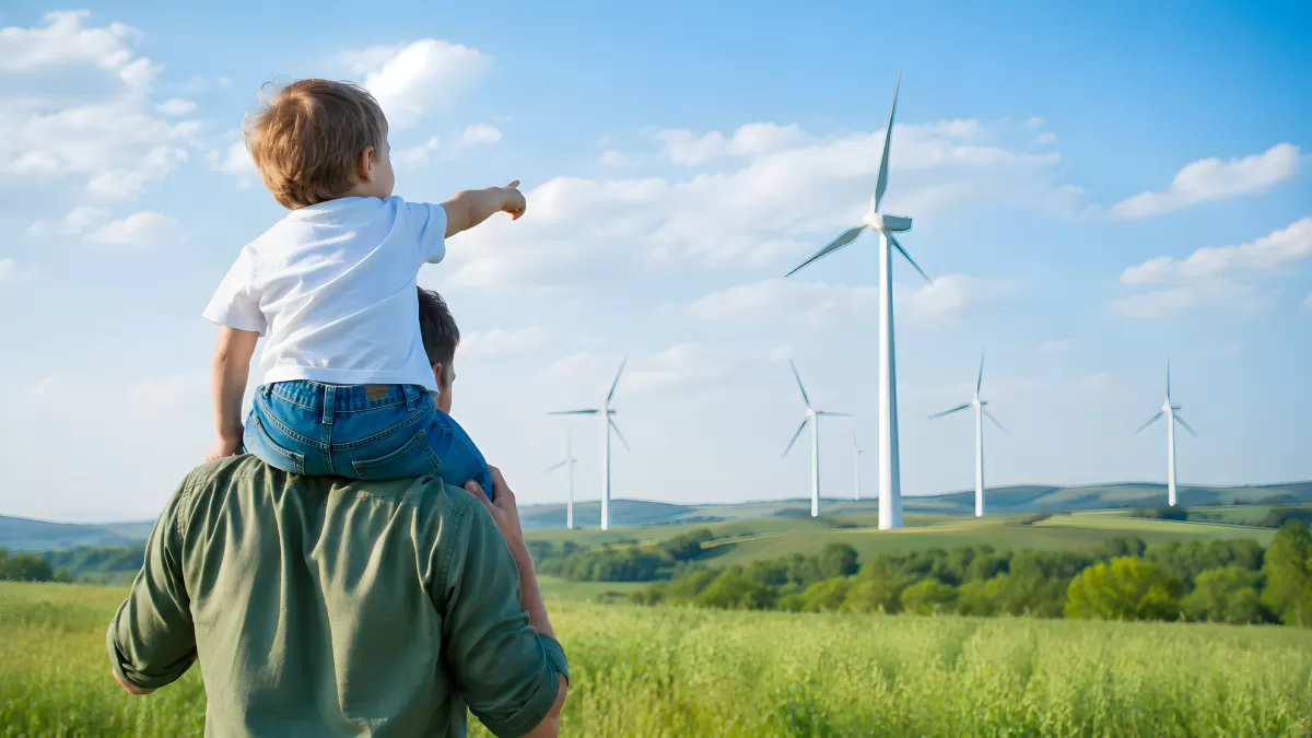 Vater und Kind blicken auf Windräder im Grünen