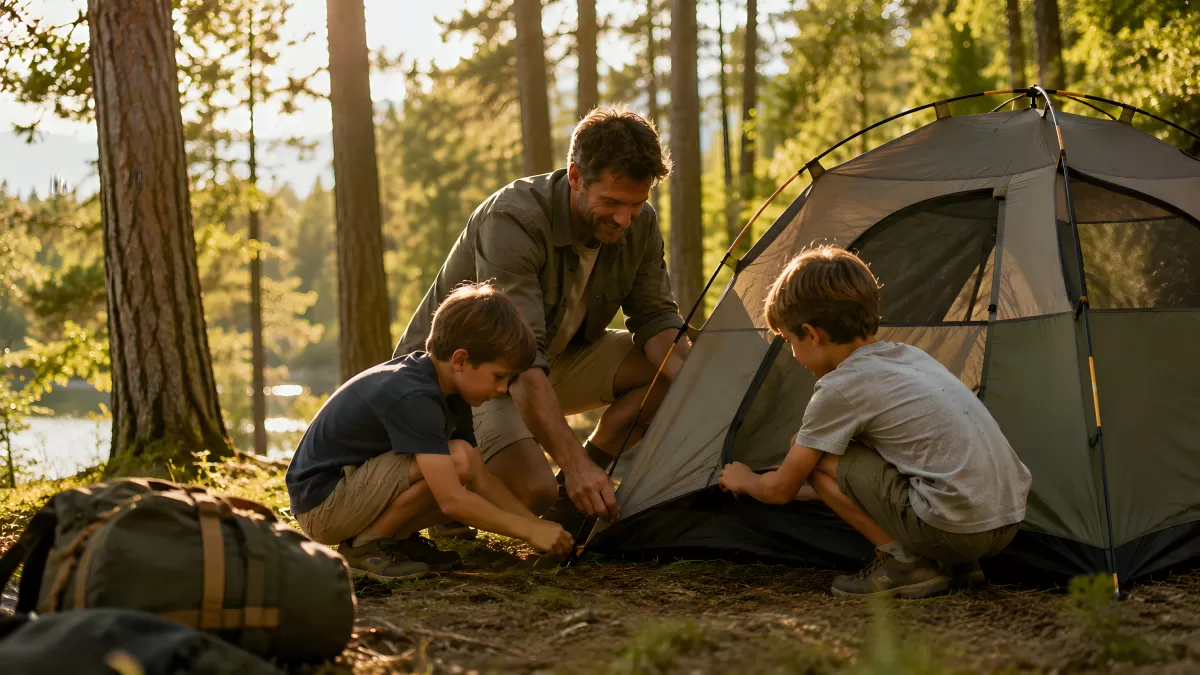 Vater und Söhne beim Zeltaufbau im Wald