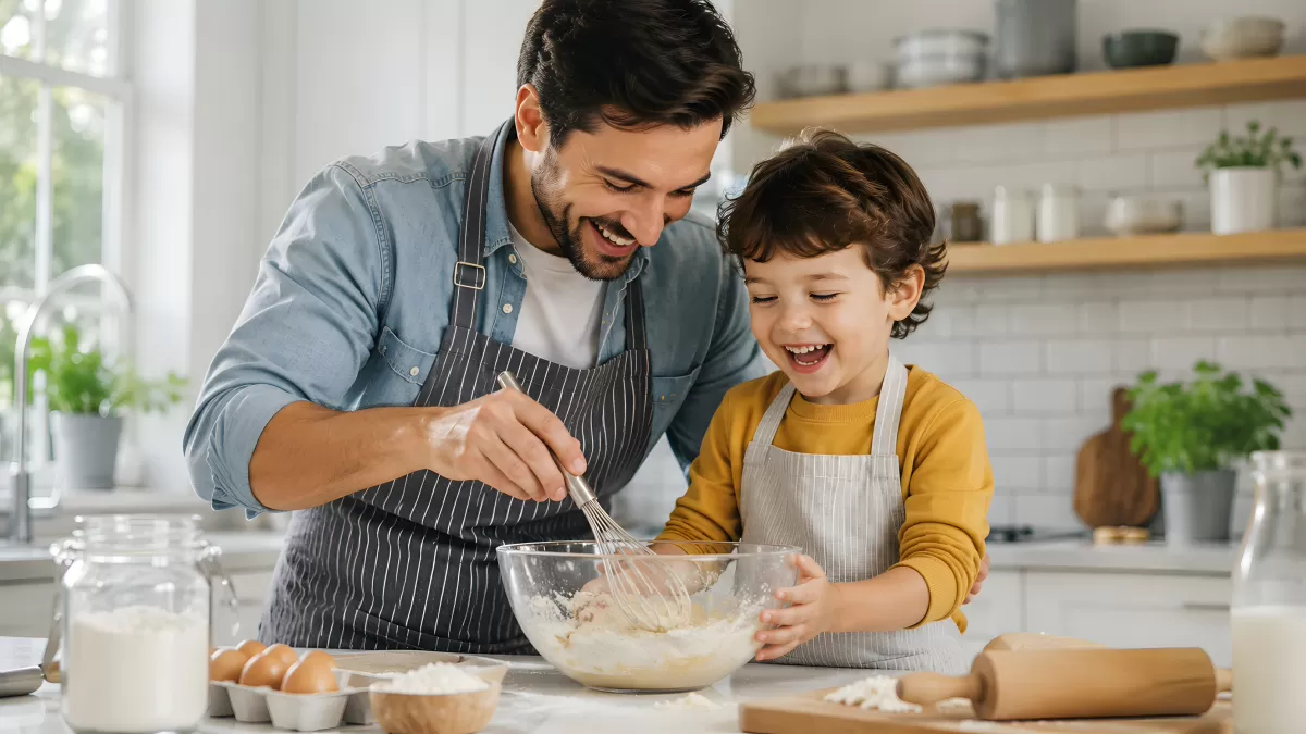 Vater und Sohn backen gemeinsam in heller Küche