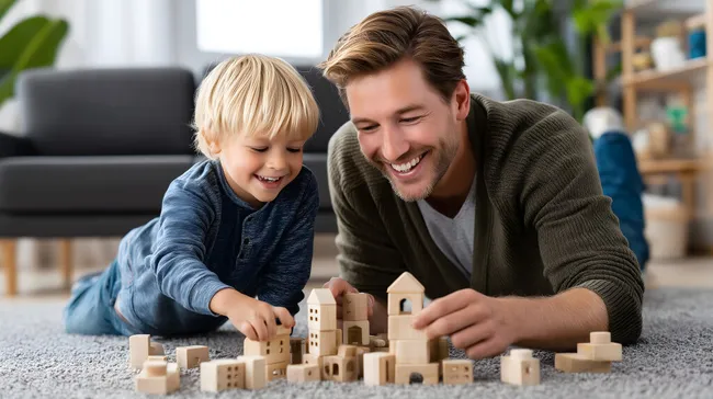 Vater und Sohn bauen Holzhäuser im Wohnzimmer