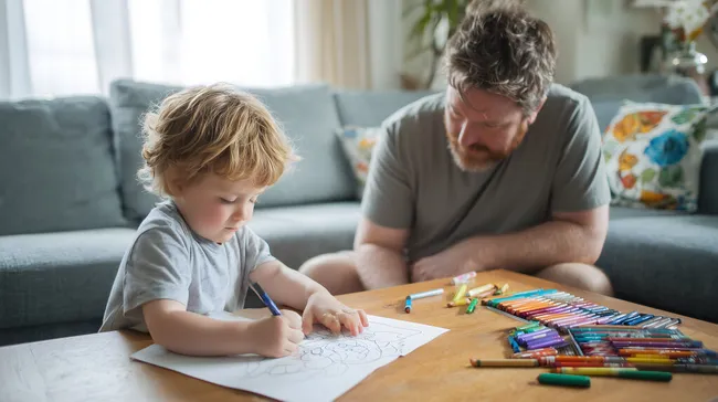 Vater und Sohn beim kreativen Malen am Wohnzimmertisch