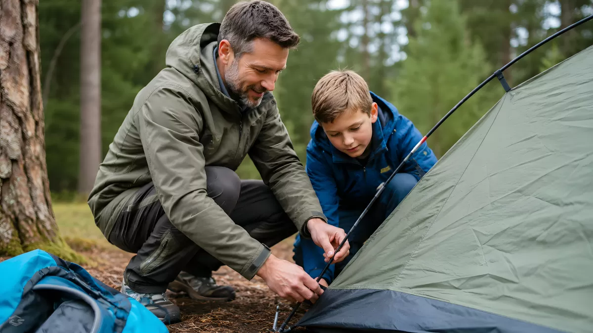 Vater und Sohn beim Zeltaufbau im Wald
