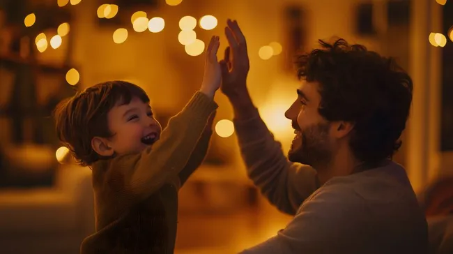 Vater und Sohn feiern ausgelassen mit High Five