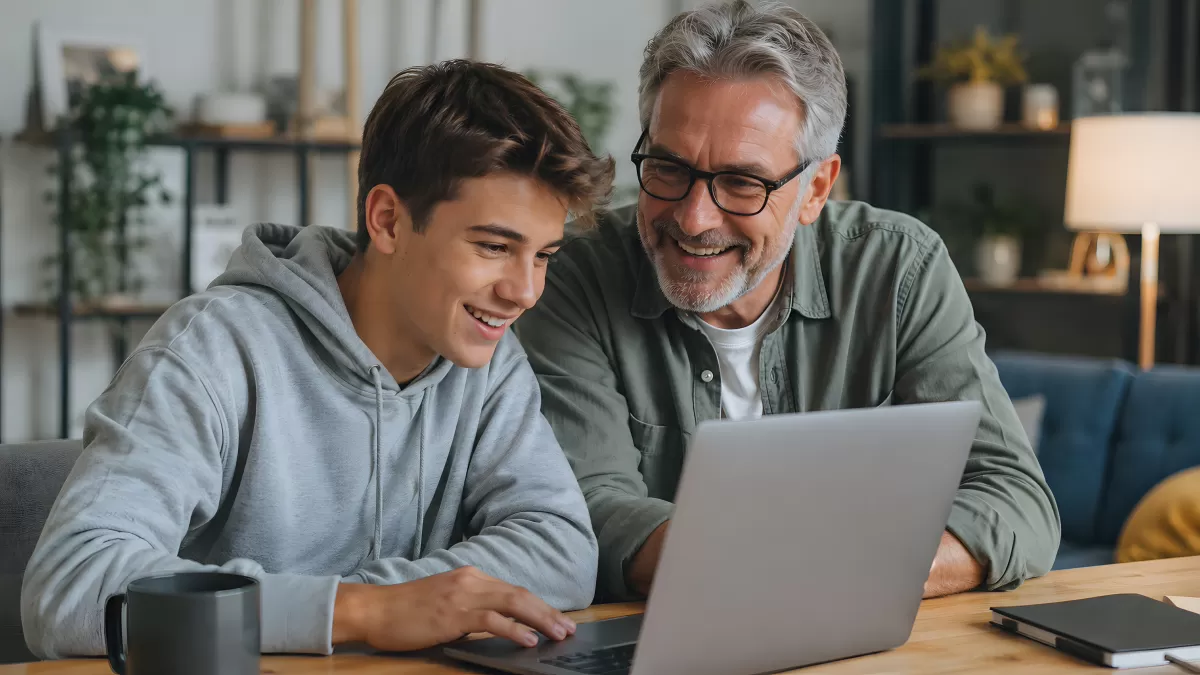 Vater und Sohn schauen gemeinsam auf Laptop