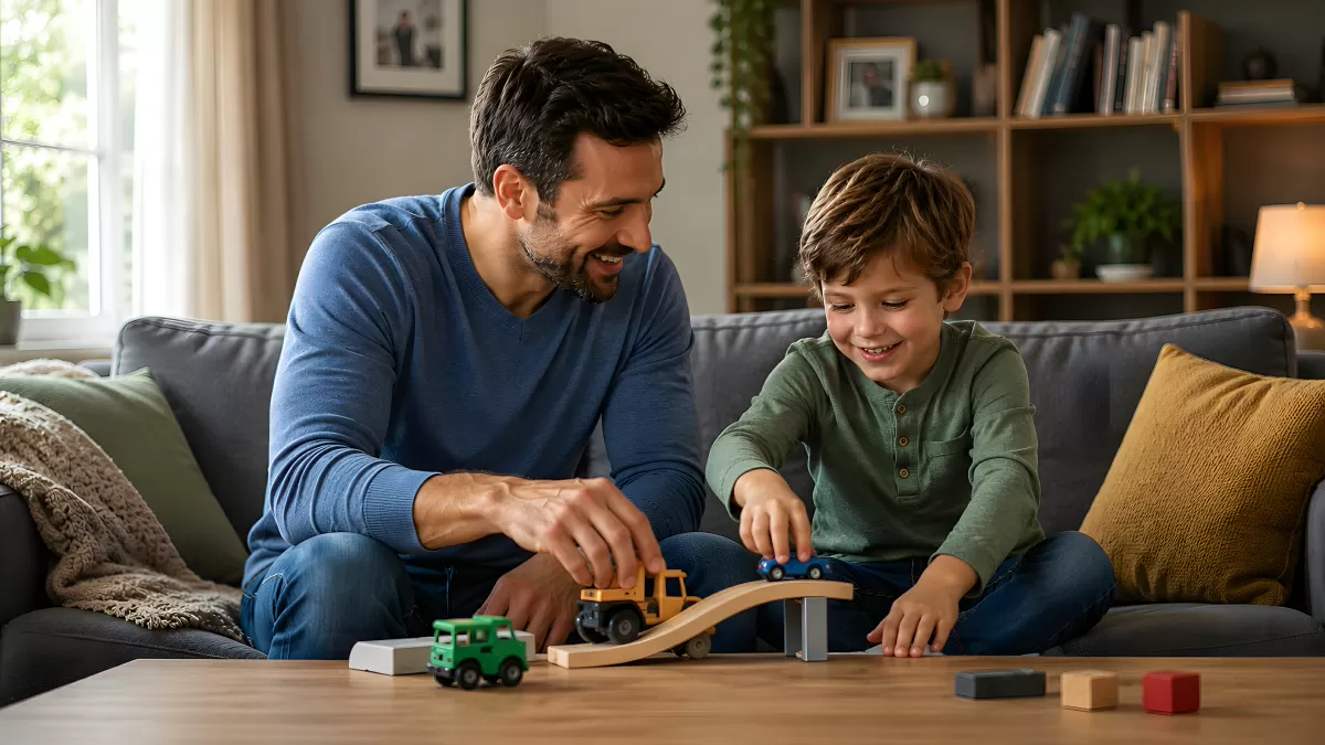 Vater und Sohn spielen gemeinsam mit Spielzeugautos