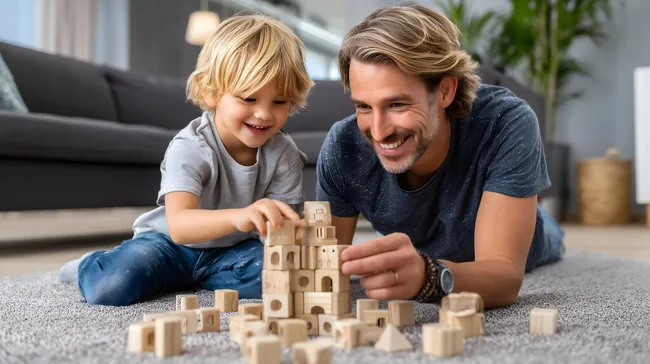 Vater und Sohn spielen mit Holzbausteinen auf Teppich