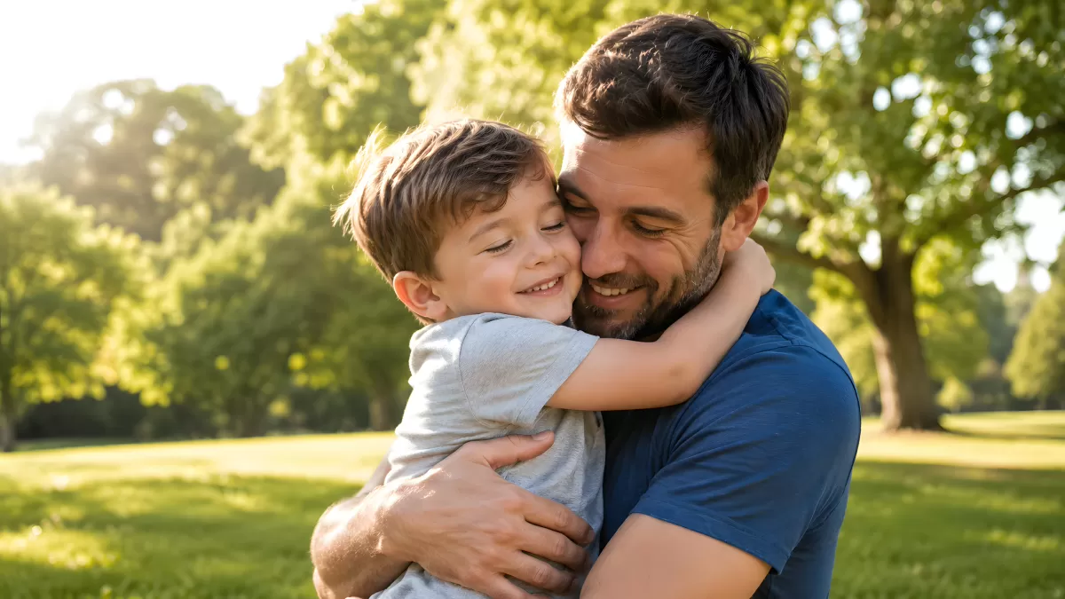 Vater und Sohn umarmen sich innig im Park