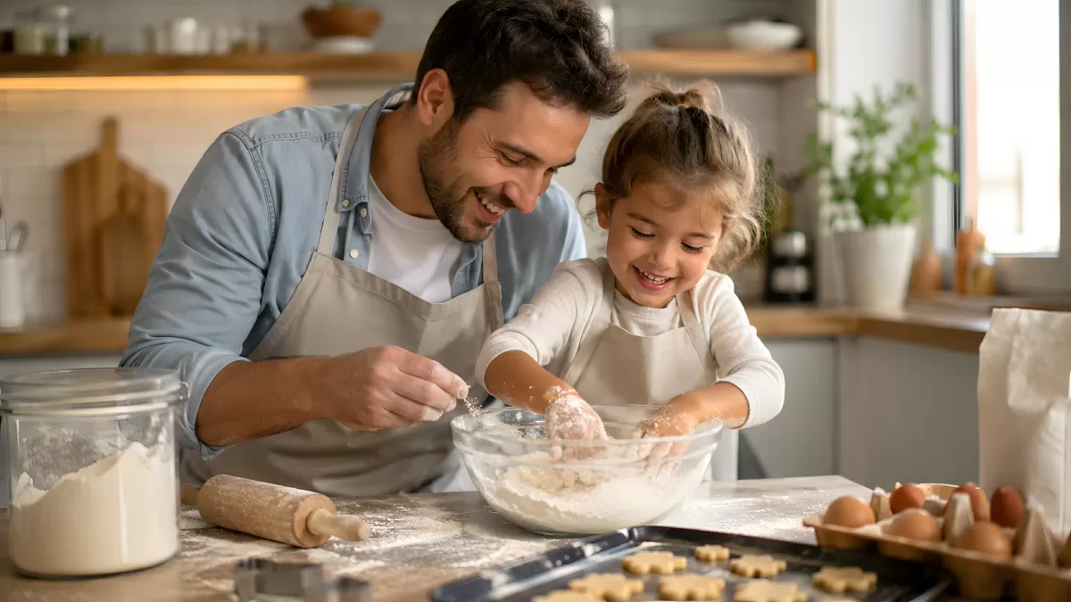 Vater und Tochter backen gemeinsam Plätzchen