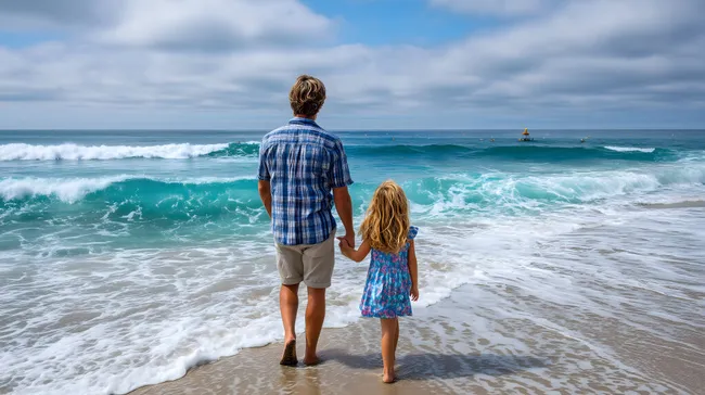 Vater und Tochter barfuß am Strand spazierend