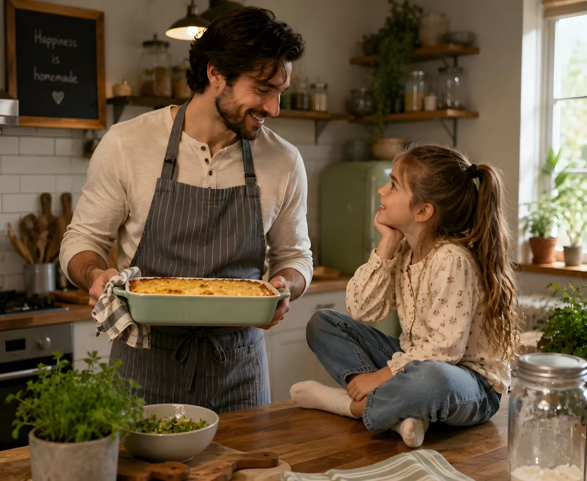 Vater und Tochter beim gemeinsamen Kochen zuhause