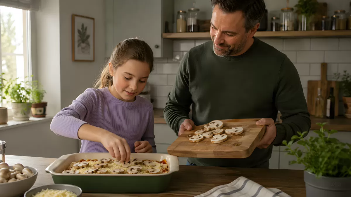 Vater und Tochter belegen gemeinsam eine Pizza