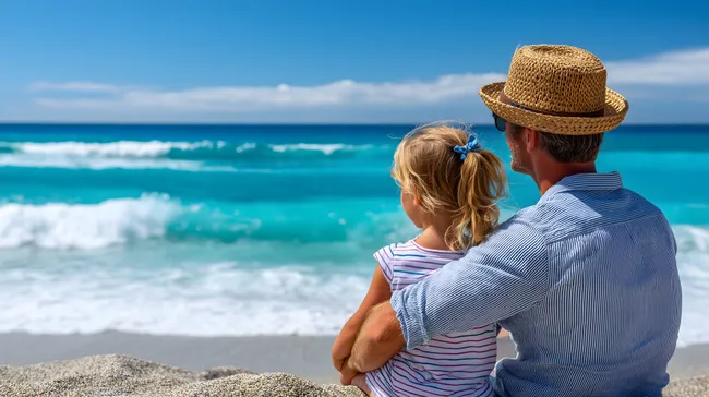 Vater und Tochter betrachten türkisfarbenes Meer