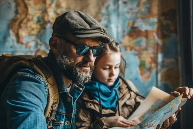 Vater und Tochter erkunden Welt auf der Reise