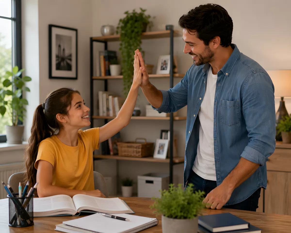 Vater und Tochter geben High-Five beim Lernen