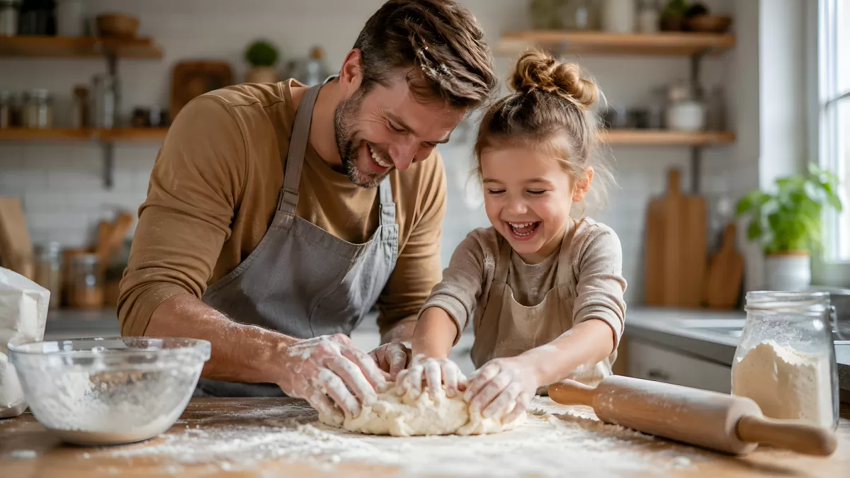 Vater und Tochter kneten gemeinsam Teig in Küche