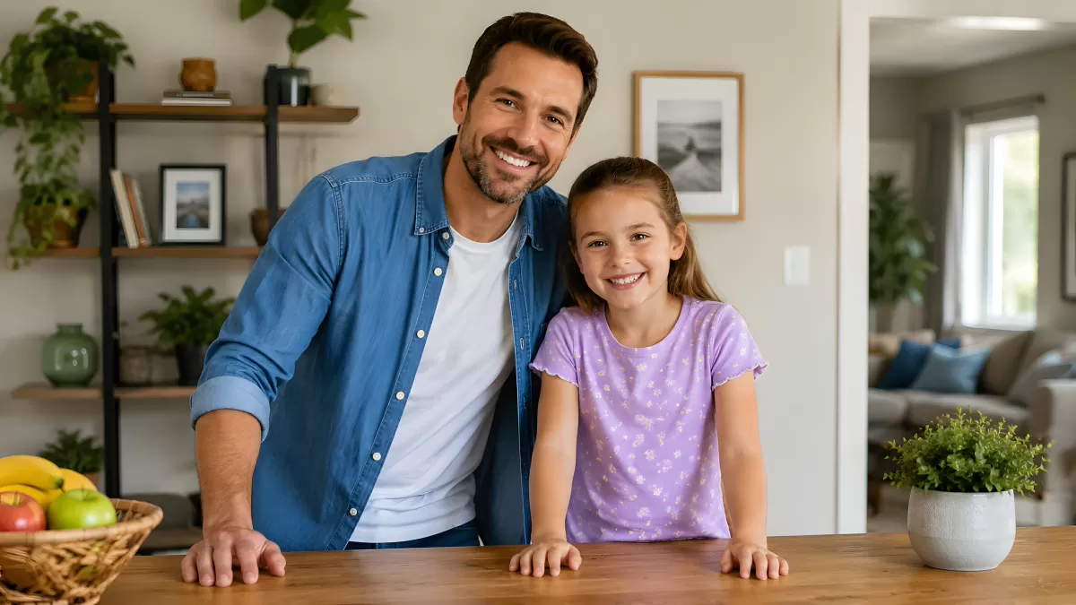 Vater und Tochter lächeln gemeinsam in der Küche