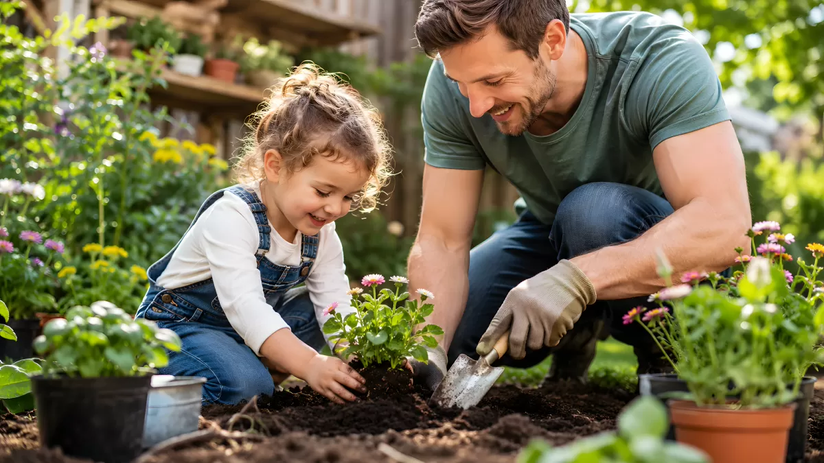 Vater und Tochter pflanzen gemeinsam Blumen im Garten