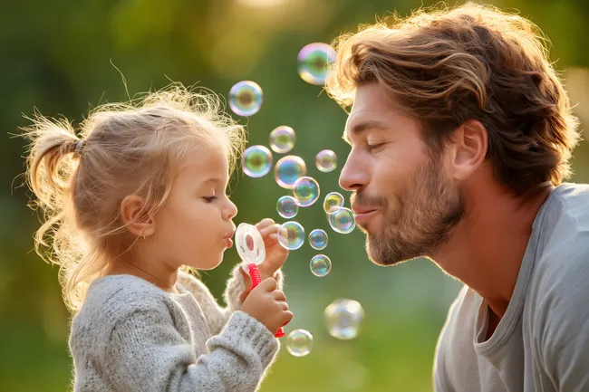 Vater und Tochter pusten Seifenblasen im Sonnenlicht
