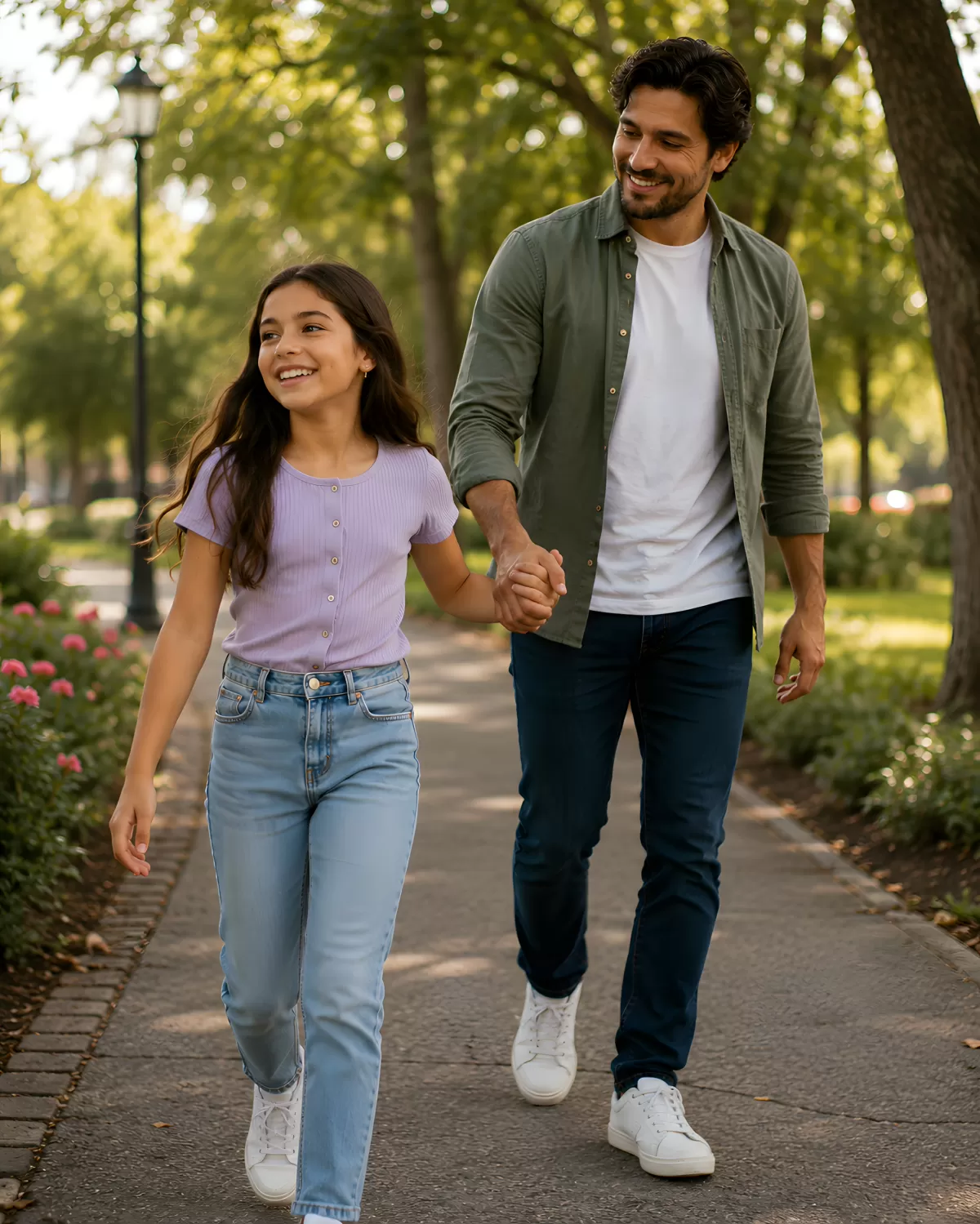 Vater und Tochter spazieren Hand in Hand im Park