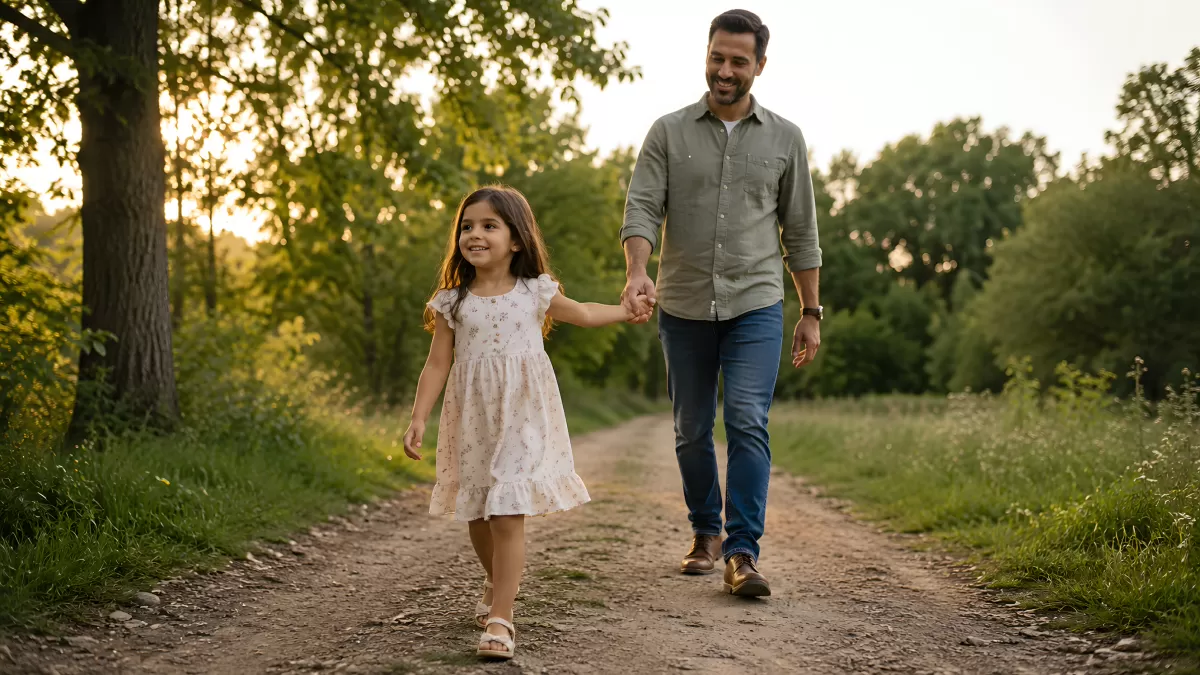 Vater und Tochter spazieren Hand in Hand im Wald