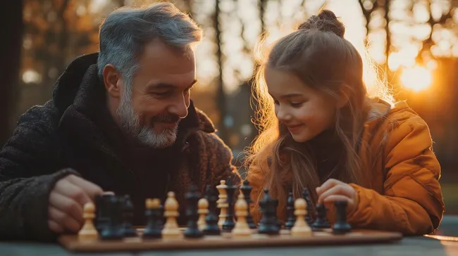 Vater und Tochter spielen Schach im herbstlichen Wald