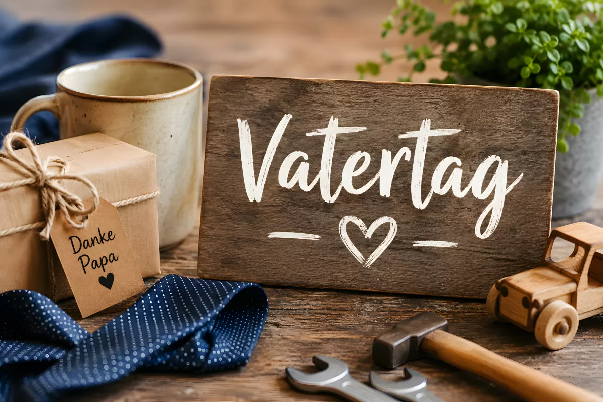 Vatertag Dekoration mit Geschenk und Holzschild