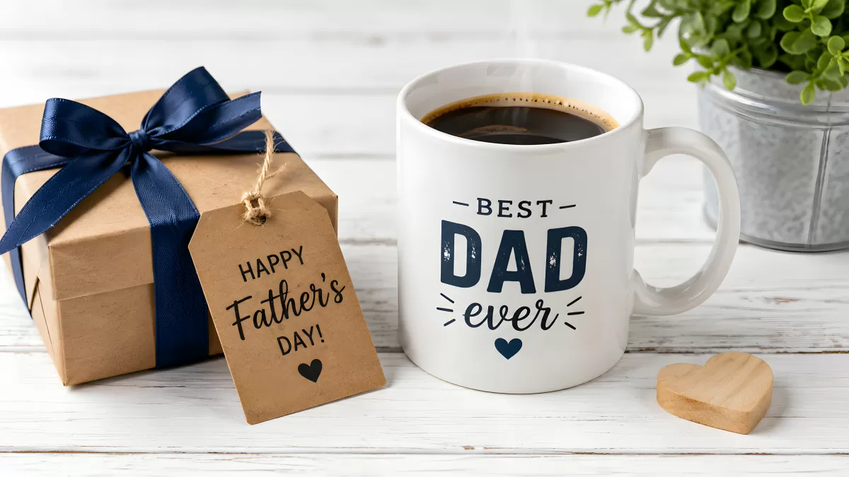 Vatertag Geschenk mit Kaffeebecher und Grußkarte