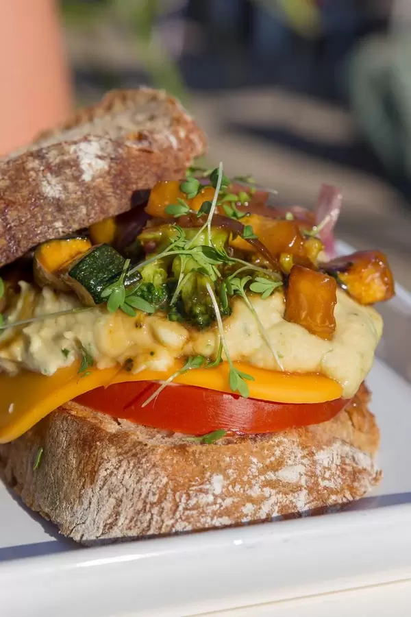 Vegan burger at Motto am Fluss in Vienna with carrot humus, pickled red onions, green asparagus, edamame & mango-papaya salad