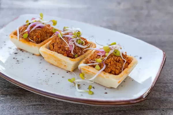 Vegan Mexican food: close-up of homemade Chorizo canapé at Villa Vegana in Selva, Mallorca