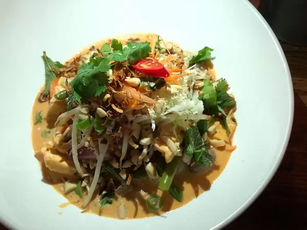 Vegan organic tofu in red coconut curry with beans, carrots, chestnuts, onions, mushrooms, shiitake mushrooms on fragrant rice, served with fresh soy sprouts, exotic herbs, peanuts and fried onions