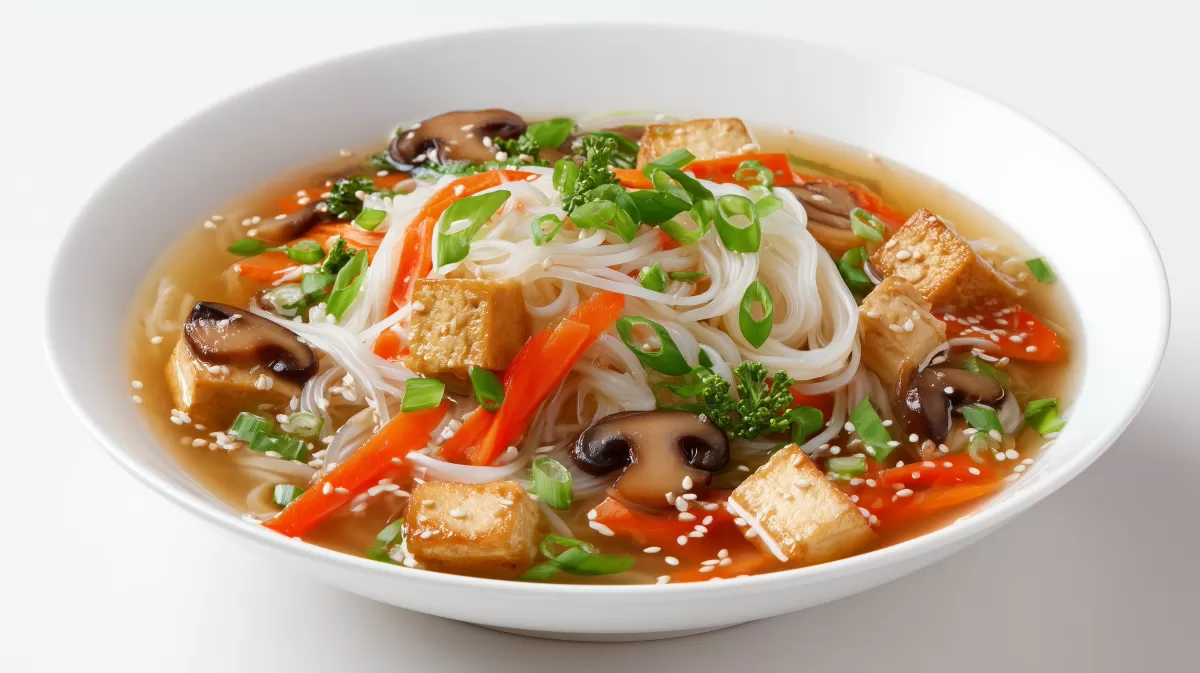 Vegane Asia Nudelsuppe mit Tofu und Gemüse