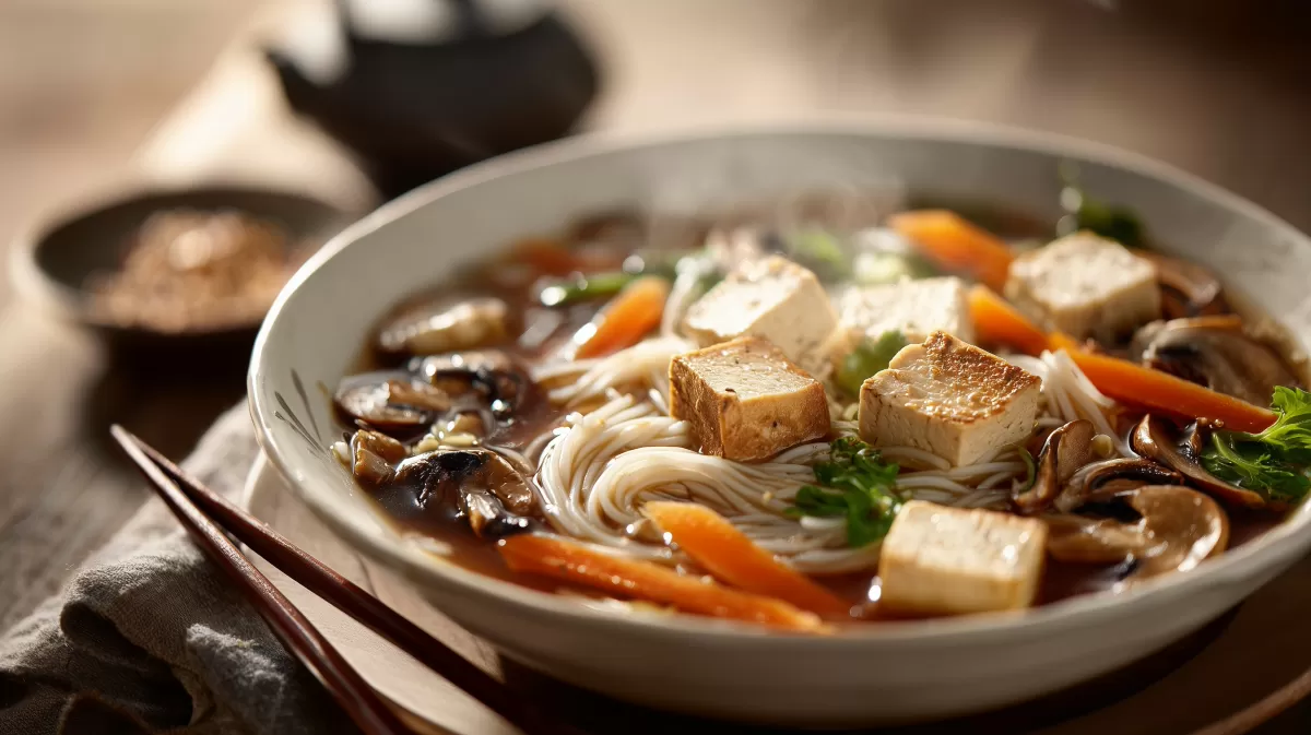 Vegane Asia Nudelsuppe mit Tofu und Pilzen
