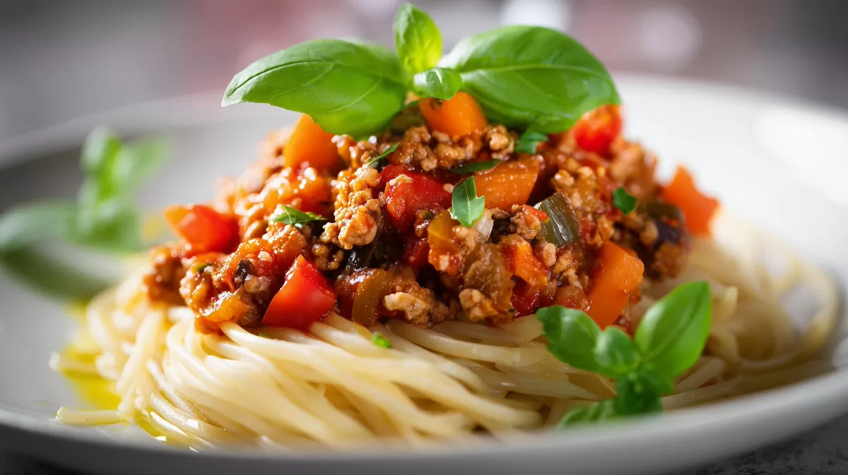 Vegane Bolognese mit Spaghetti und frischem Basilikum