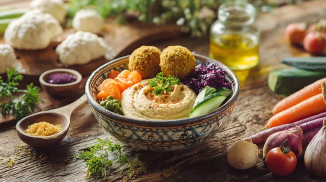 Vegane Falafel-Schüssel mit frischem Gemüse und Hummus