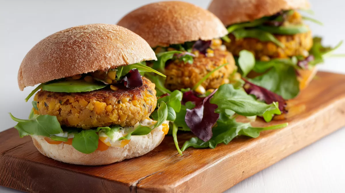 Vegane Gemüseburger auf Holzbrett appetitlich serviert