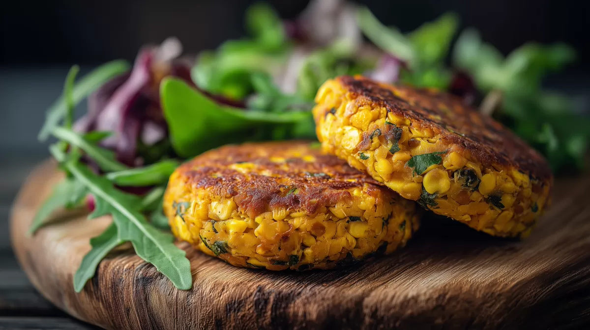 Vegane Gemüseburger aus Linsen auf Holzbrett