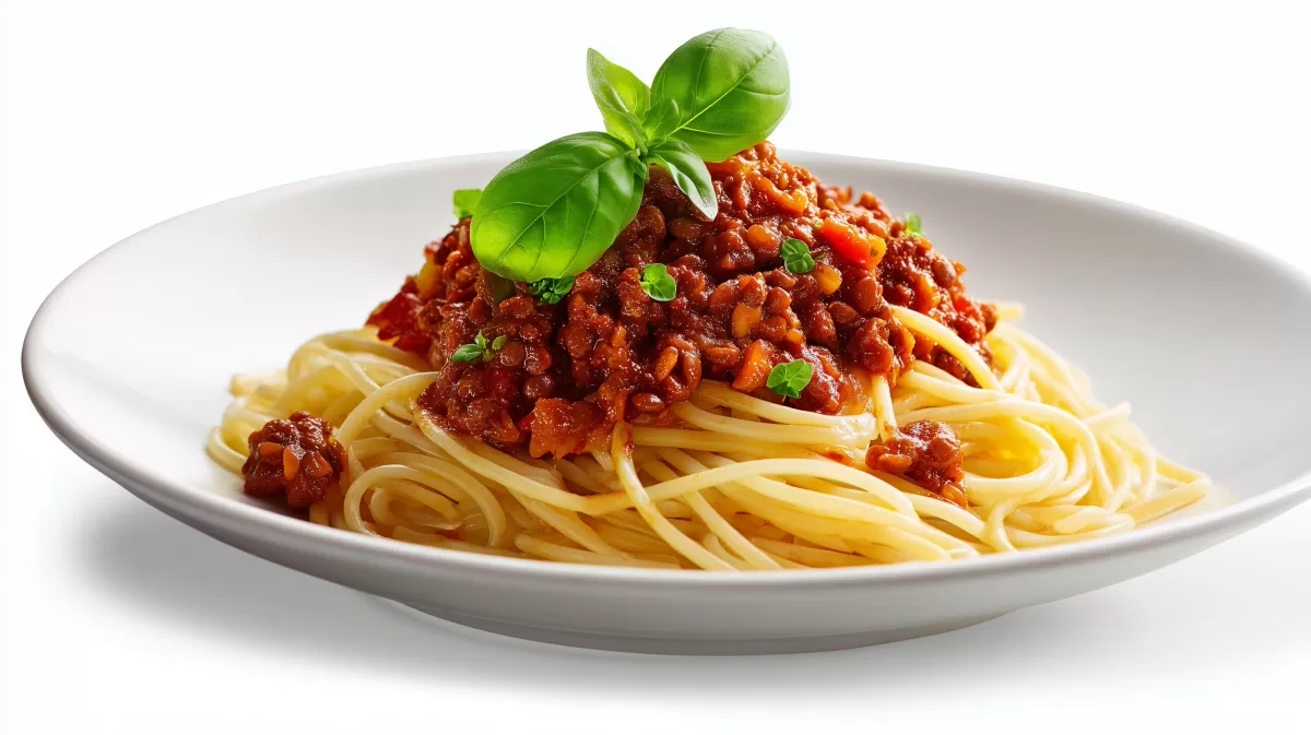 Vegane Linsenbolognese auf Spaghetti mit Basilikum