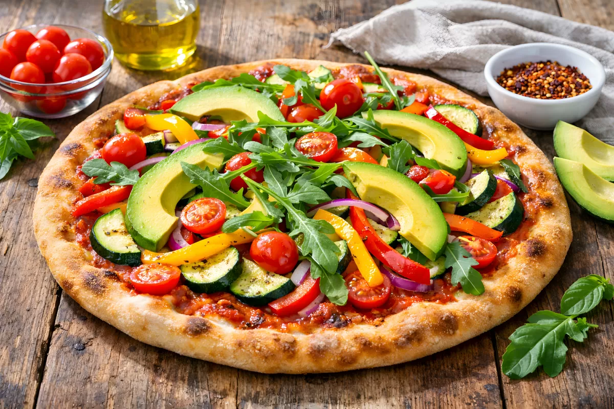 Vegane Pizza mit Avocado und buntem Gemüse