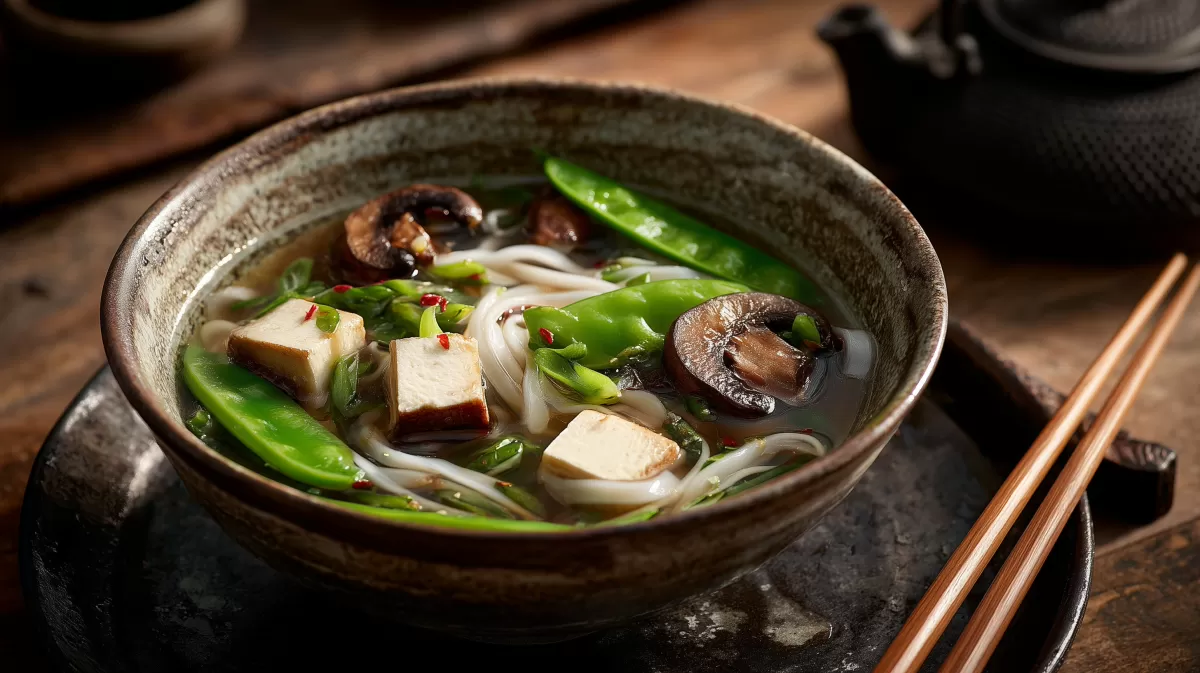Vegane Reisnudelsuppe asiatisch mit Tofu & Pilzen