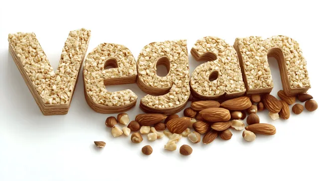 Vegane Wörter aus Nüssen und Samen kreativ angeordnet