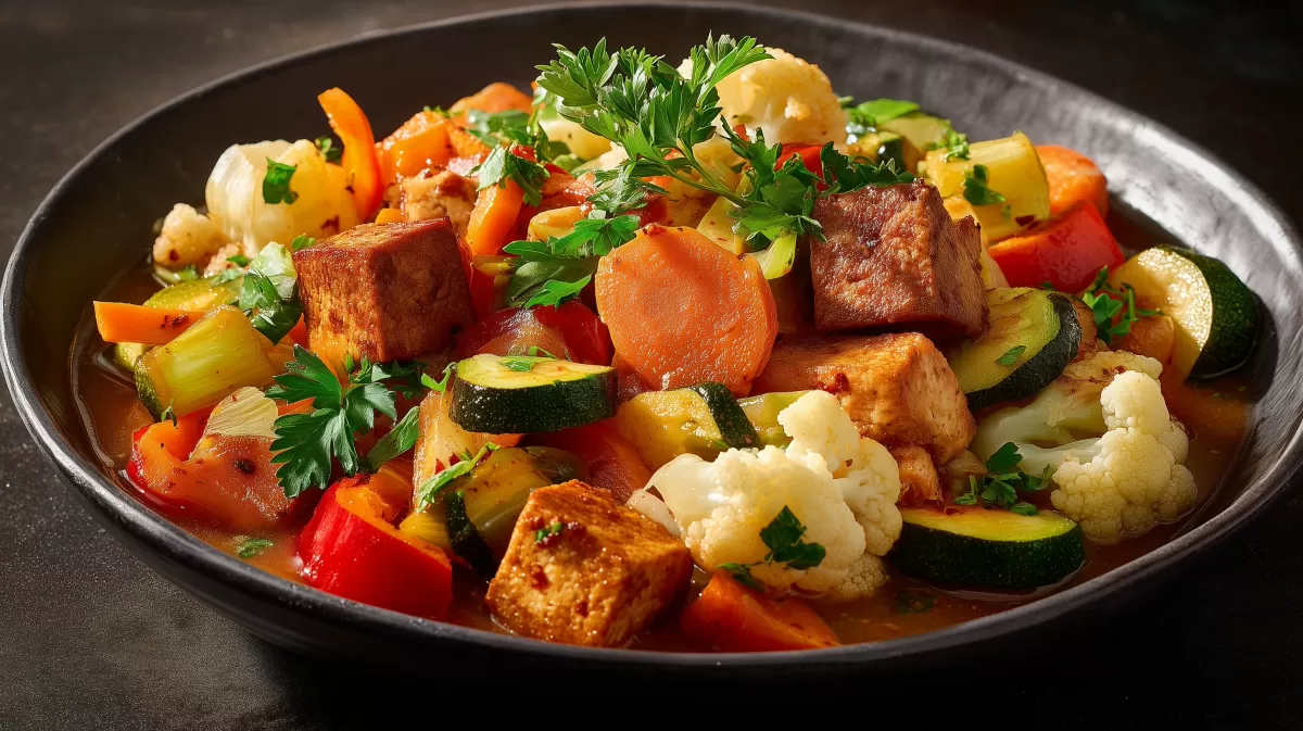 Veganer Gemüsetopf mit Tofu in dunkler Schale