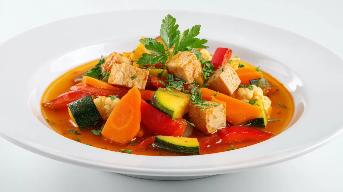 Veganer Gemüsetopf mit Tofu in würziger Soße