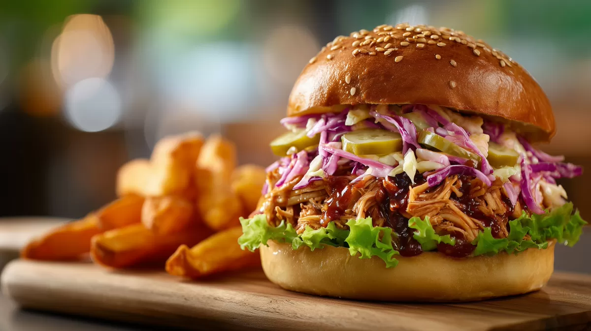 Veganer Jackfruit Burger mit Coleslaw und Pommes