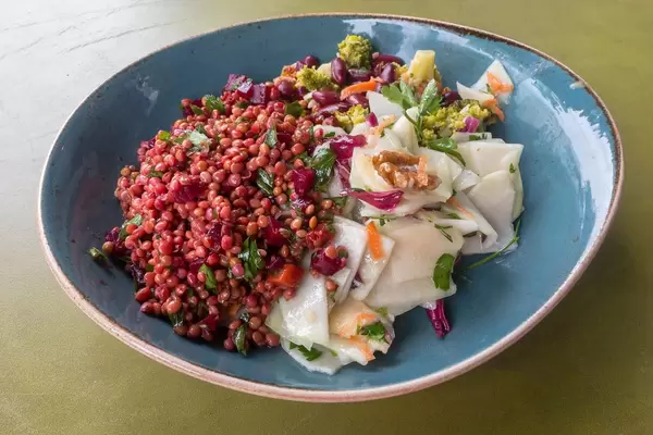 Veganer Salat mit roten Linsen, Rettich, Brokkoli und Roter Bete