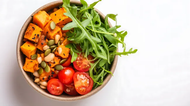 Veganer Salat mit Süßkartoffeln, Rucola und Tomaten
