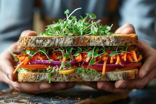 Veganes Sandwich mit Gemüse und Sprossen