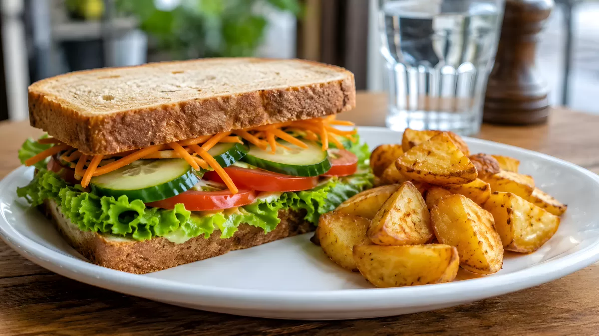 Veganes Sandwich mit Rohkost und Bratkartoffeln